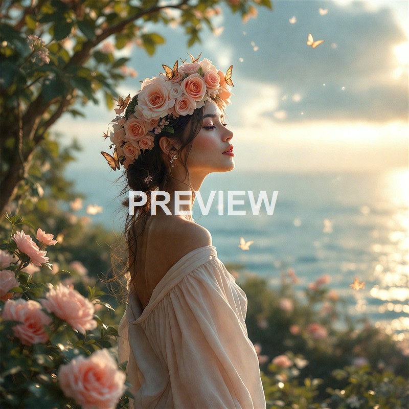 A woman with long dark hair wearing a floral crown of pink roses and butterflies, standing outdoors near a body of water with sunlight reflecting on the surface, surrounded by blooming flowers and greenery.
